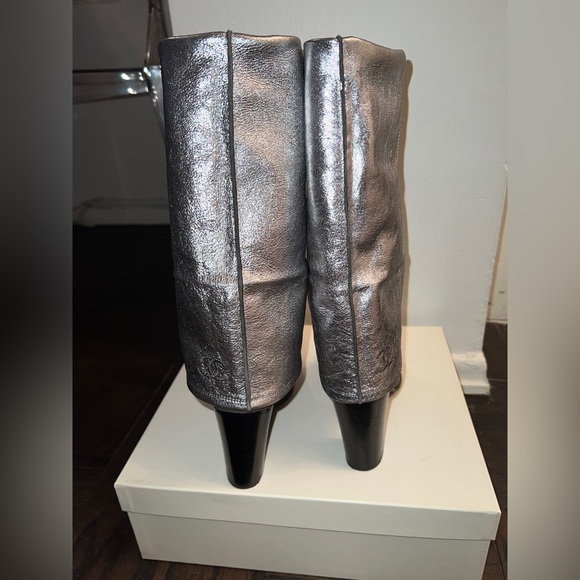 Chanel Grey Suede Metallic Fold-Over Interlocking CC Knee High Boots - Picture 9 of 10